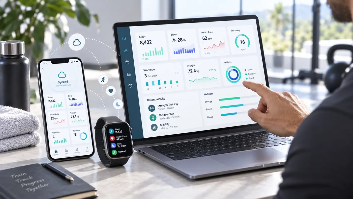 A phone, a watch and a laptop showing the same synced figures