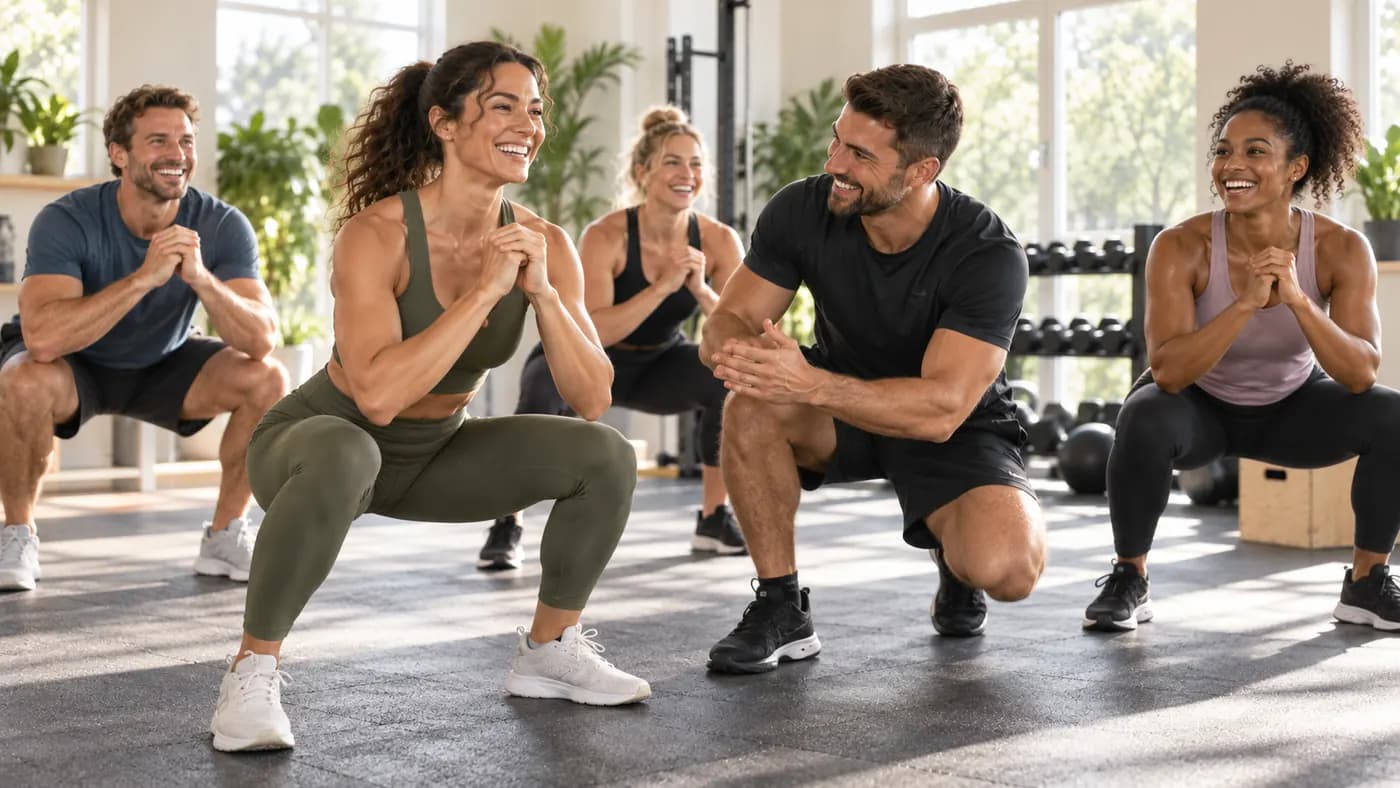 A small group class working through squats together