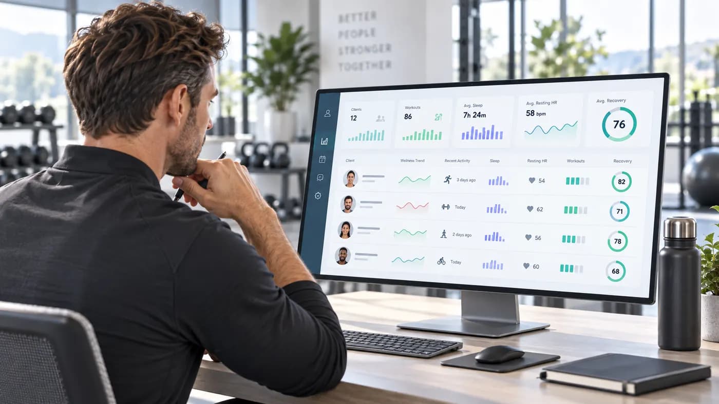 A coach reading a roster of twelve clients and their wellness trends